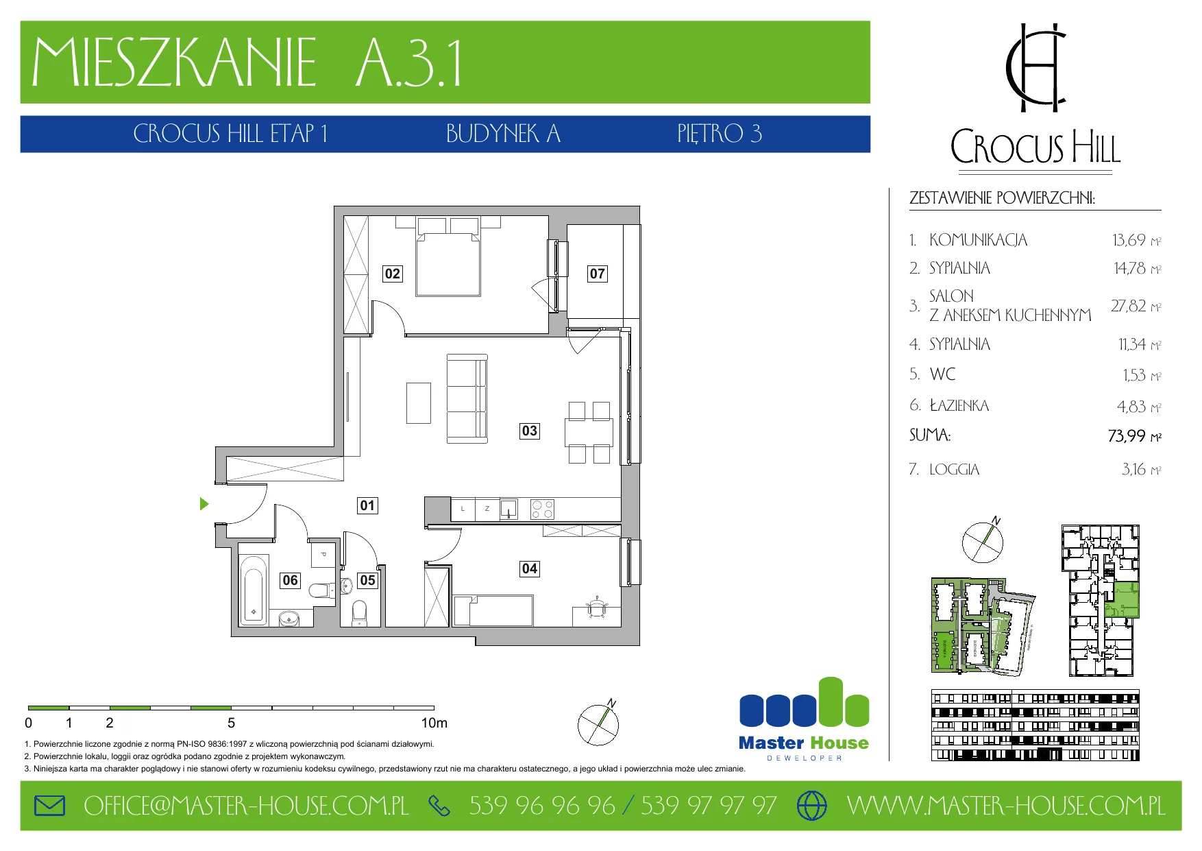 3 pokoje, mieszkanie 73,99 m², piętro 3, oferta nr A.3.1, Crocus Hill, Szczecin, Śródmieście, ul. Jerzego Janosika 2, 2A, 3, 3A